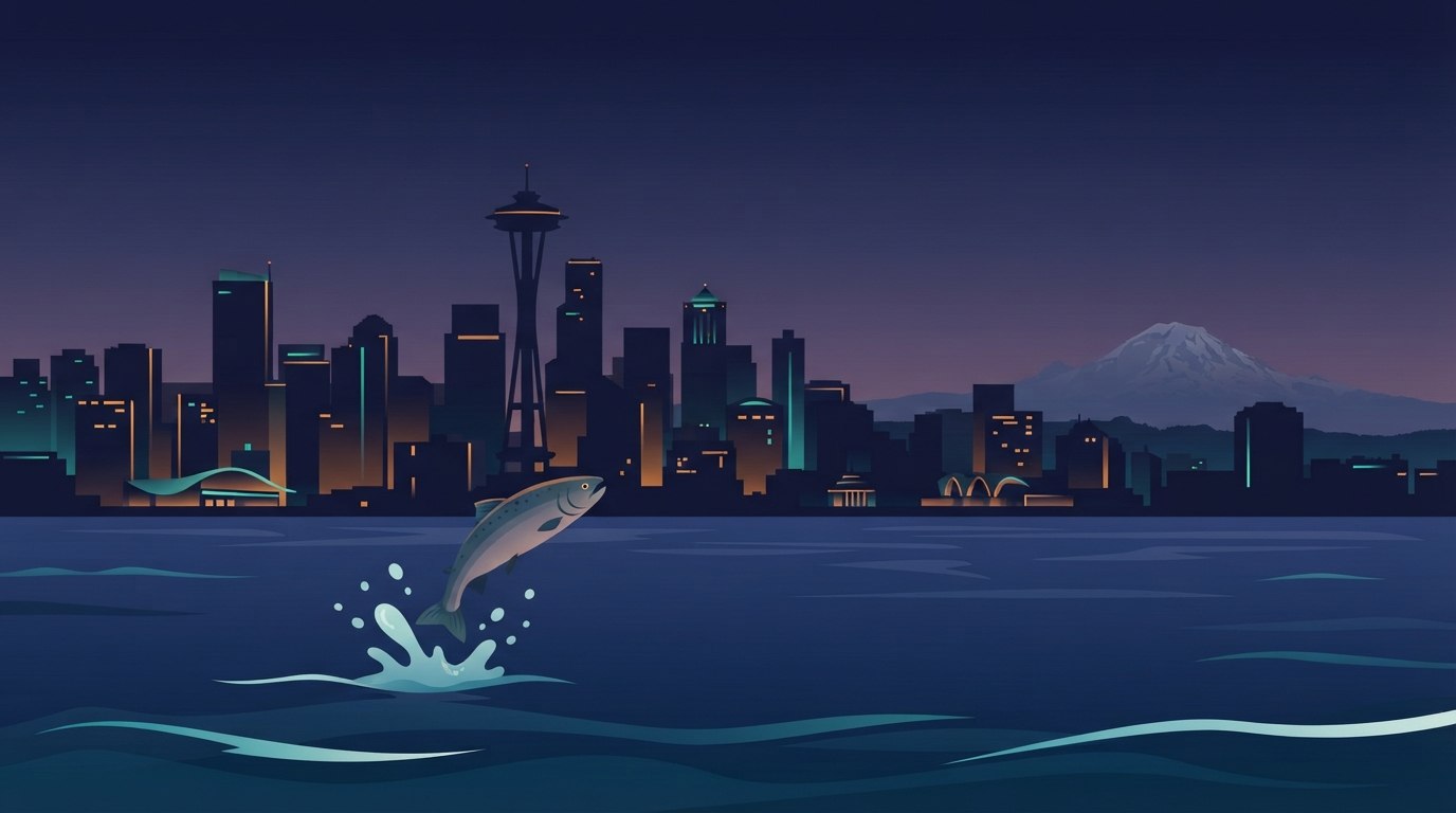 Seattle skyline with a salmon leaping from Puget Sound